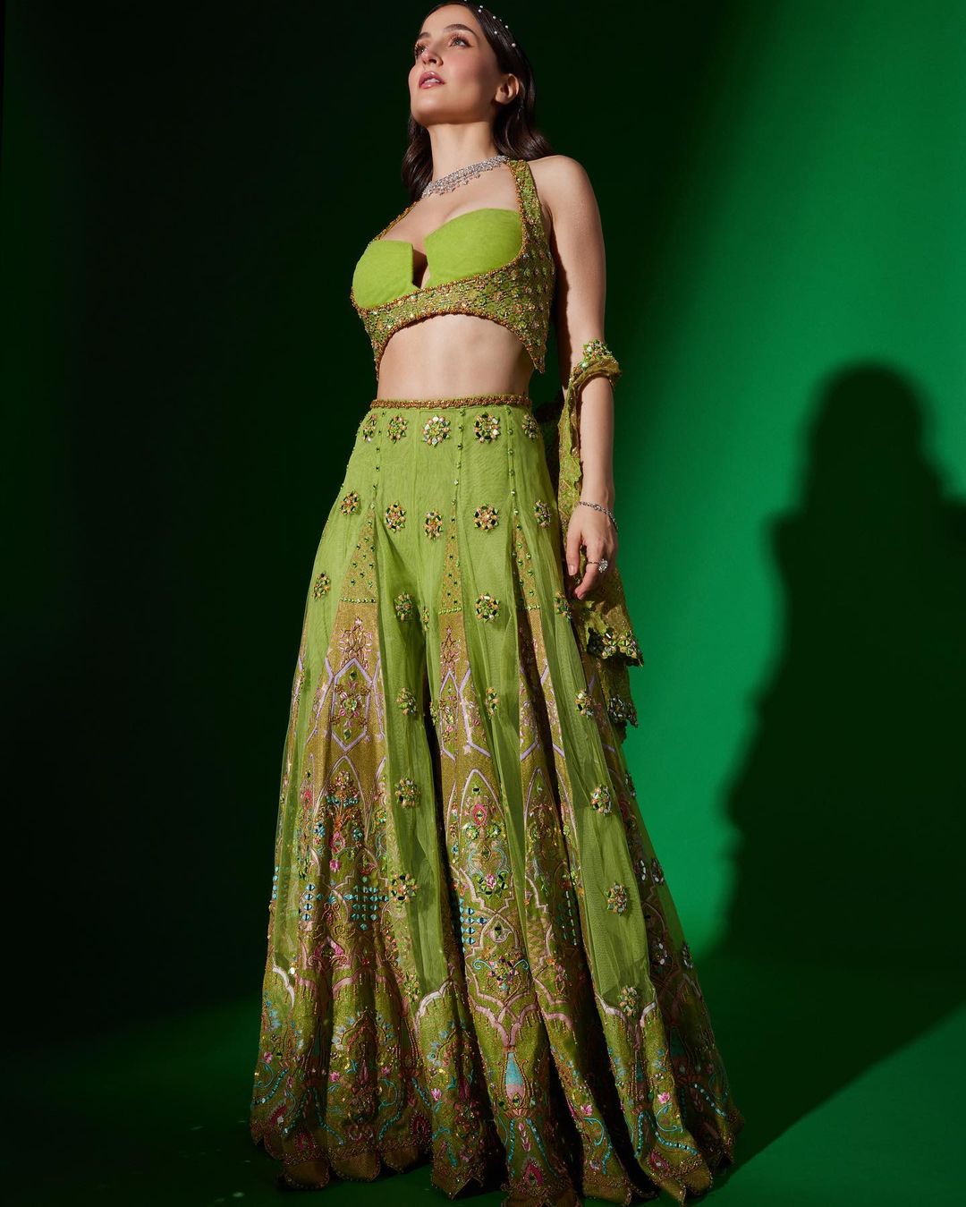 Indian Actress Elli AvrRam Pics in Green Lehenga Choli